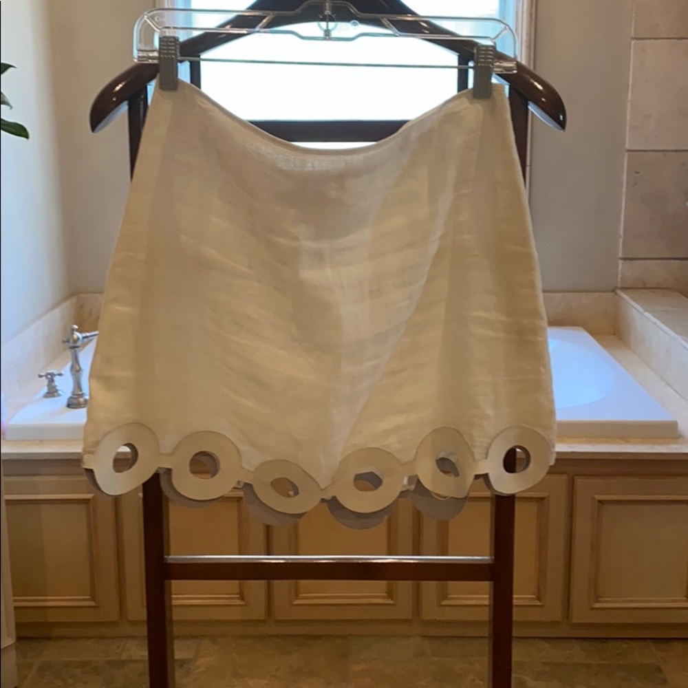 Calypso white linen skirt w leather trim S